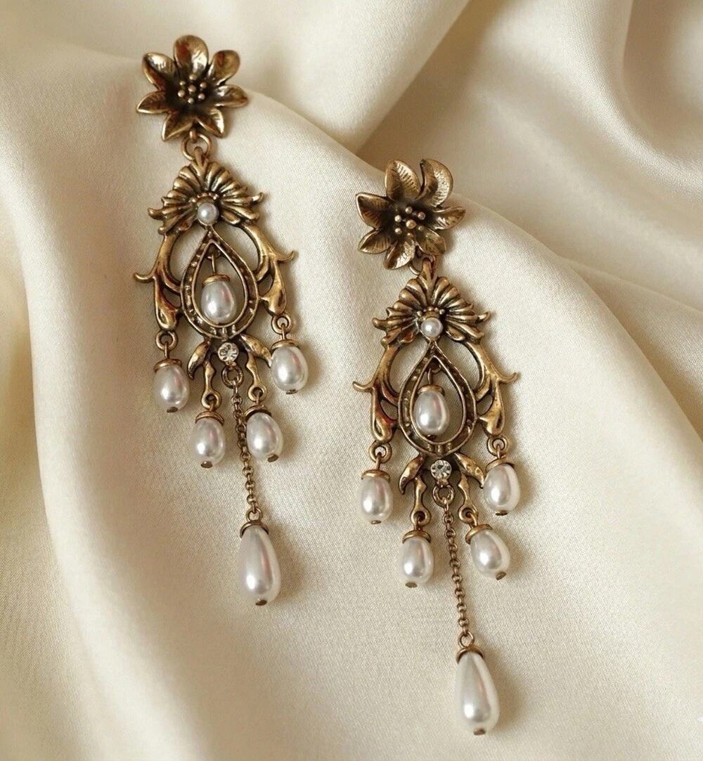 Medieval Antique Earrings Flower Pearl Chain Boho Gold Court VTG Stud Retro